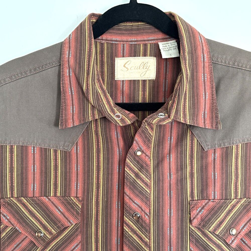 VTG Scully Cowboy Shirt Large Brown Striped Pearl Snap South Western Rockabilly